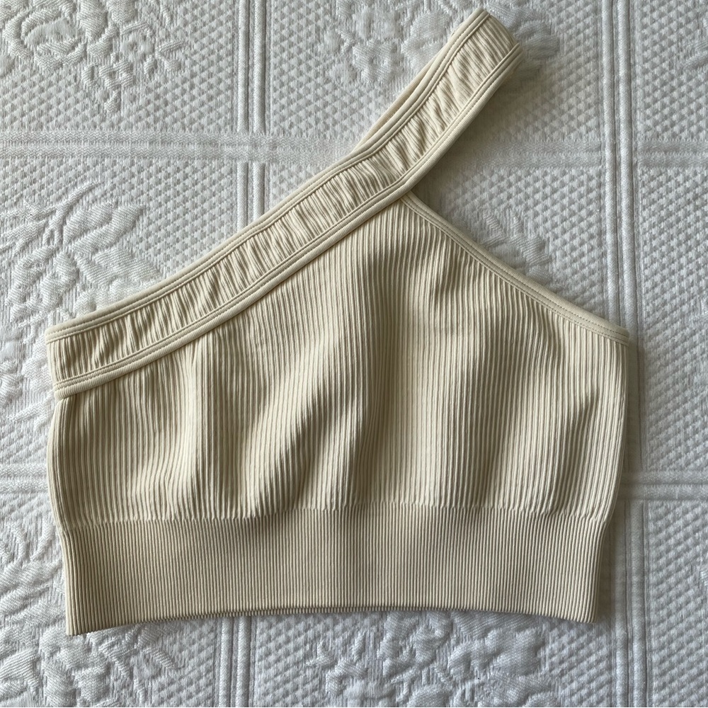 💙OQQ Sports Bra Top Bundle Cobalt Blue Padded Cream One Shoulder Ribbed Small - Picture 3 of 12